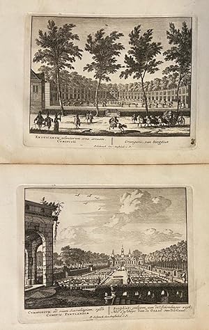 [Two antique prints, etchings] Sorgvliet gelegen aan de Schevelinger wegh, Het Lusthuys van de Gr...