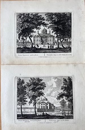 [2 Antique print, etching, gekleurde ets, The Hague, 1705] Gezicht op Huis ten Bosch: Villae Nemo...