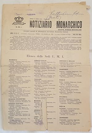 NOTIZIARIO MONARCHICO PERIODICO MENSILE DI INFORMAZIONI DELL'UNIONE MONARCHICA ITALIANA,