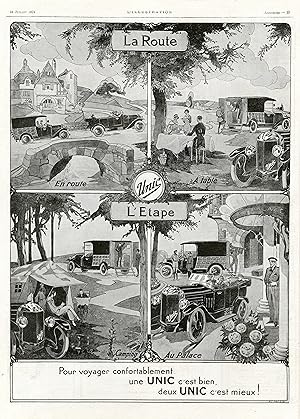 "UNIC (La Route / L'Étape)" Annonce originale entoilée parue dans L'ILLUSTRATION du 19 Juillet 1924