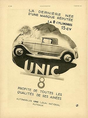 "AUTOMOBILE UNIC 8" Annonce originale entoilée L'ILLUSTRATION du 03/01/1931 par N. RESCHOFSKY