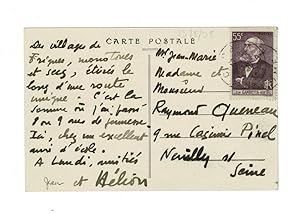 Carte postale autographe signée adressée à Raymond Queneau