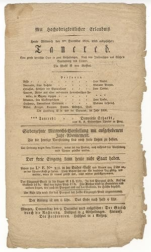Broadside playbill for a performance of Tancredi in Frankfurt am Main on 8 December 1824