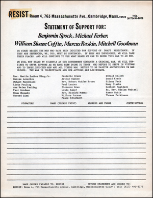 Immagine del venditore per Statement of Support for : Benjamin Spock, Michael Ferber, William Sloane Coffin, Marcus Raskin, Mitchell Goodman venduto da Specific Object / David Platzker