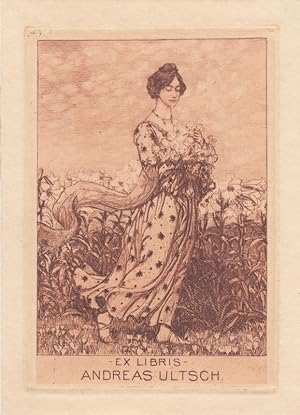 Bild des Verkufers fr Ex Libris Andreas Ultsch. Dame mit Blumenstrau, nach rechts schreitend. zum Verkauf von Antiquariat  Braun