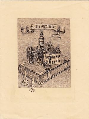 Seller image for Ex-libris Curt Mller. Rathaus von Breslau auf liegendem Foliant. for sale by Antiquariat  Braun