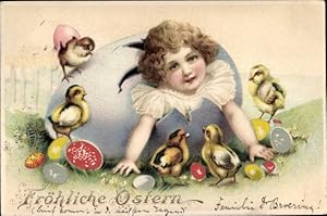 Litho Glückwunsch Ostern, Kind in einem Osterei, Küken