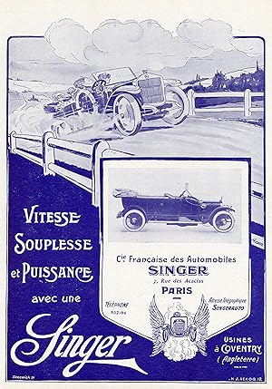 "SINGER" Annonce originale entoilée LA VIE AUTOMOBILE 1912 par H.J. LECOQ