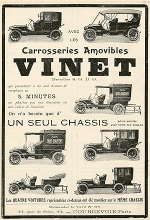 "CAROSSERIES VINET" Annonce originale entoilée LA VIE AUTOMOBILE 1911