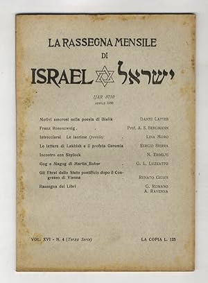 RASSEGNA (LA) mensile di Israel. Vol. XVI. N. 4 (Terza serie). Ijar 5710. Aprile 1950.