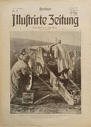 Berliner Illustrirte Zeitung. Nummer 5, 31. Januar 1915. Richten einer schweren Kanone der österr...