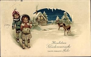 Präge Ansichtskarte / Postkarte Glückwunsch Neujahr, Kinder, Rehe an einem Haus