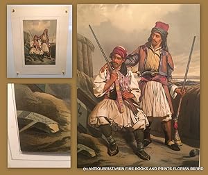 Bild des Verkufers fr BASHI-BAZOUK ARNAUTS DURING THE CRIMEAN WAR, original lithograph after a photograph taken during the siege of Silistra in 1854 by by Carol Popp DE SZATHMARI (1812-1887) Titel: Baschi Bozouk Arnaten. Der Sitzende aus Klein-Asien der Andres aus Gri[e]chenland nach einer von Szathmari vor Silistria verfertigten u- collorrit. Photografie. zum Verkauf von ANTIQUARIAT.WIEN Fine Books & Prints