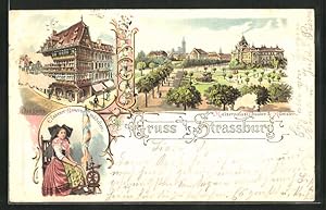Lithographie Strassburg, Kaiserpalast, Theater, Münster