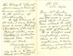 Immagine del venditore per THE AUTHOR OF ALICE IN WONDERLAND, LAMENTS: IT IS HELPFUL AND COMFORTING, WHEN THERE IS SO MUCH SKEPTICISM, AND EVEN ATHEISM, AROUND ONE IN OXFORD, TO KNOW THOSE TO WHOM CHRISTIANITY IS NOT ONLY A REALITY, BUT THE REALITY OF LIFE. venduto da Gerard A.J. Stodolski, Inc.  Autographs