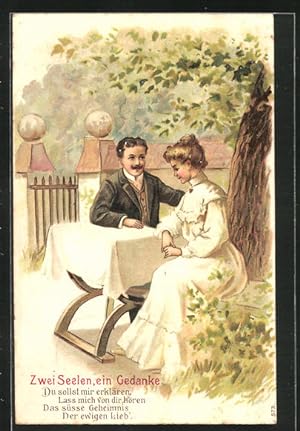 Bild des Verkufers fr Prge-Ansichtskarte Zwei Seelen ein Gedanke, Liebespaar sitzt am Tisch zum Verkauf von Bartko-Reher