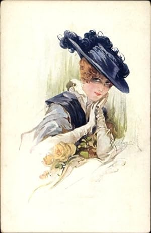 Künstler Ansichtskarte / Postkarte Elegante Dame mit blauem Hut mit Feder, gelbe Rosen