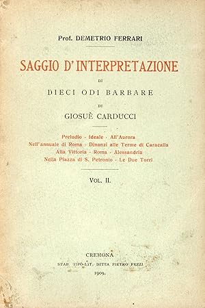 Immagine del venditore per Saggio d'interpretazione di dieci Odi barbare di Carducci venduto da TORRE DI BABELE