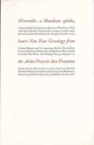 Herewith: A Shandean Epistle, bears New Year Greetings from the Arion Press in San Francisco
