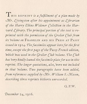 Seller image for Benjamin Franklin's Parable Against Persecution With an Account of the Early Editions. for sale by SOPHIE SCHNEIDEMAN RARE BOOKS, ABA, ILAB