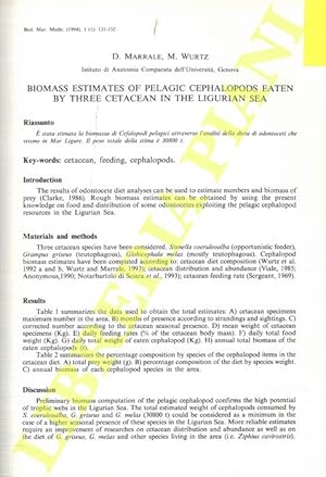 Bild des Verkufers fr Biomass estimates of Pelagic -cephalopods eaten by three cetacean in the Ligurian Sea. zum Verkauf von Libreria Piani