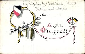 Ansichtskarte / Postkarte Glückwunsch Ostern, Fahnen, Kaiserreich, Österreich, Weidenkätzchen