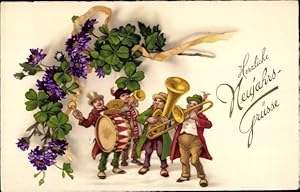 Ansichtskarte / Postkarte Glückwunsch Neujahr, Musizierende Männer, Kleeblätter