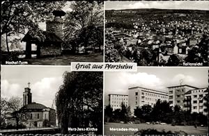 Bild des Verkufers fr Ansichtskarte / Postkarte Pforzheim im Schwarzwald, Teilansicht, Hachel Turm, Mercedes Haus, Herz Jesu Kirche zum Verkauf von akpool GmbH