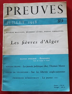 Image du vendeur pour PREUVES - Revue n89 (1958) Les fivres d'Alger, T Mann, Kijno, Drrenmatt. mis en vente par Bouquinerie Spia