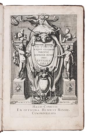 Imagen del vendedor de Pictorum aliquot celebrium praecipu Germaniae Inferioris, effigies. Pars I.The Hague, Henricus Hondius, [ca. 1610]. Folio. An engraved print series with an architectural title-page with allegorical figures, 41 engraved portraits (20 x 12 cm) by Hendrik Hondius (9), Robert de Baudous (4), Simon Frisius (23) and Andries Stock (5); and an allegorical closing print (a skeleton holding an hour glass and an arrow, not in the copy on Google Books). The three plates outside the portraits are all by Hendrick Hondius. With an extra added portrait of Hendrick Hondius, engraved by Fredericus Boultats after a drawing by Hondius himself (16.5 x 11 cm; mounted on a blank leaf). Contemporary half calf, brown sprinkled paper sides. a la venta por ASHER Rare Books