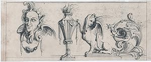 A study of whimsical architectural elements, including a Satyr's head, a Torch, a Winged Sphinx, ...