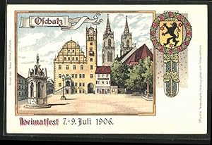 Lithographie Oschatz, Heimatfest 7.-9. Juli 1906, Rathaus mit Gasthof Ratskeller, Festpostkarte