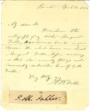 Bild des Verkufers fr RARER THAN POE OR MELVILLE -- MARGARET FULLER'S BROTHER SENDS A CLIPPED SIGNATURE OF HIS SISTER: 'SHE USUALLY THOUGH NOT INVARIABLY SUBSCRIBED HERSELF: S.M. FULLER' zum Verkauf von Gerard A.J. Stodolski, Inc.  Autographs