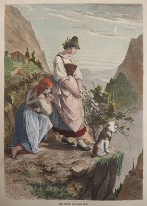 Bild des Verkufers fr kolorierter Holzstich - Ave Maria auf hoher Alm Gebet Alpen (Tracht sterreich) zum Verkauf von Allguer Online Antiquariat