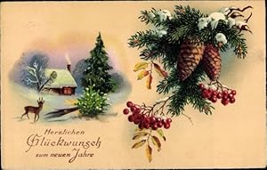Ansichtskarte / Postkarte Glückwunsch Neujahr, Winterlandschaft mit Reh, Zapfen, Beeren - Amag 4051