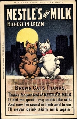 Ansichtskarte / Postkarte Nestle's Swiss Milk, Richest in Cream, Zwei wohlgenährte Katzen, Reklame
