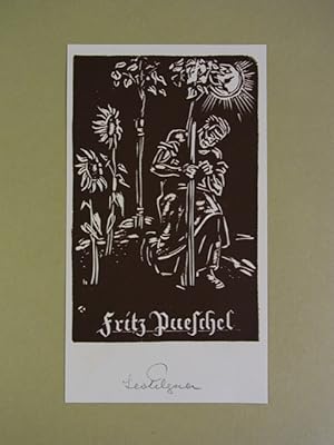 Image du vendeur pour Exlibris von Leo Tilgner fr Fritz Pueschel. Motiv: Mann einen Baum pflanzend. Linolschnitt. Groes Blatt. Signiert mis en vente par Antiquariat Weber