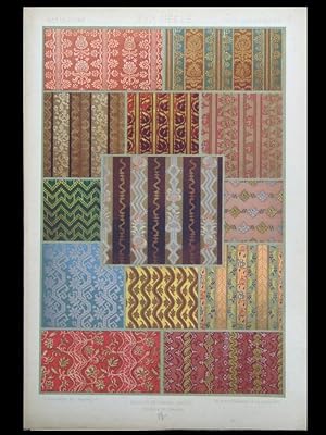SOIERIES, VELOURS, DAMAS, 16e siècle - LITHOGRAPHIE 1877 DUPONT-AUBERVILLE, ORNEMENT TISSUS, RAYURES