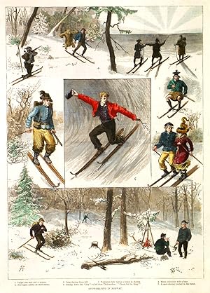 SNOW-SKATING IN NORWAY. Several scenes of ski-ing on one sheet. Wood engraving, published in