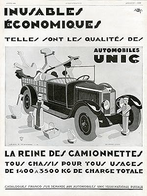 "AUTOMOBILES UNIC LA REINE DES CAMIONNETTES" Annonce originale entoilée illustrée par Jean A. MER...