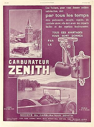"CARBURATEUR ZENITH" Annonce originale entoilée parue dans L'ILLUSTRATION (07/02/1925)