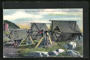 Bild des Verkufers fr Ansichtskarte Canada, On Canadian Pacific Railway, Lake Superior, Jack Fish, Drying Nets, Fischerei zum Verkauf von Bartko-Reher