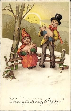Ansichtskarte / Postkarte Glückwunsch Neujahr, Kinder, Schweinchen, Sonnenschein