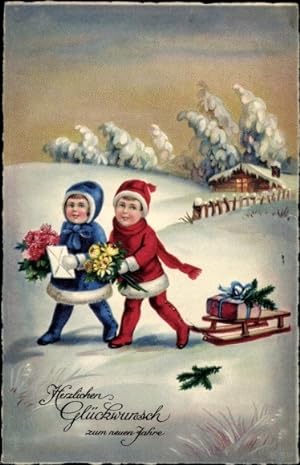 Ansichtskarte / Postkarte Glückwunsch Neujahr, Kinder, Geschenke, Blumen, Schlitten