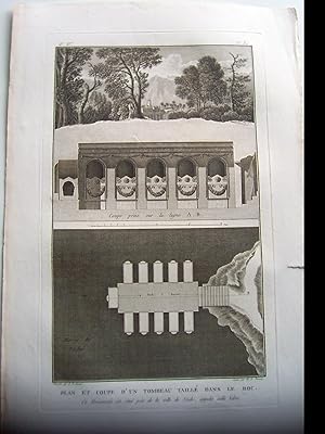 Plan et coupe d'un Tombeau Taillé dans le Roc. Ce Monument est situé prés de la ville Séïde, appe...