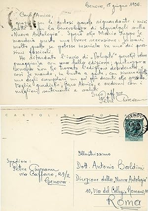 Lettera autografa su cartolina postale a Antonio Baldini, 1956