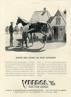 "VEEDOL HUILE POUR MOTEURS" Annonce originale entoilée parue dans L'ILLUSTRATION (1938)
