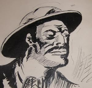 Original Ink Drawing, Man Wearing Pith Helmet.