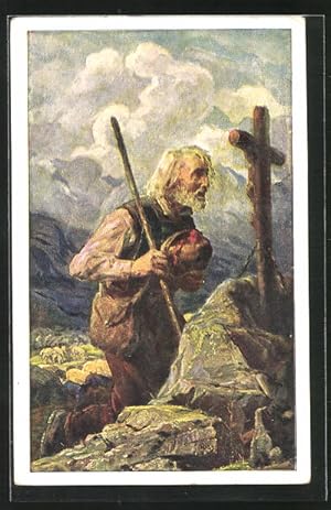 Bild des Verkufers fr Knstler-Ansichtskarte Thomas Riss: Mann im Gebirge betet am Kreuz zum Verkauf von Bartko-Reher