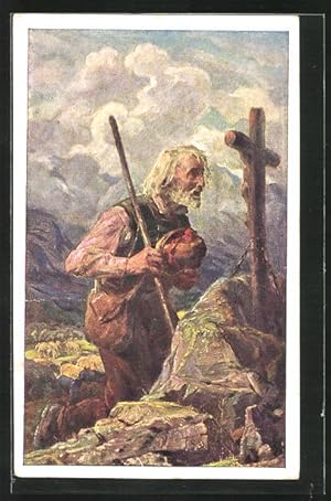 Bild des Verkufers fr Knstler-Ansichtskarte Thomas Riss: Mann im Gebirge betet am Kreuz zum Verkauf von Bartko-Reher
